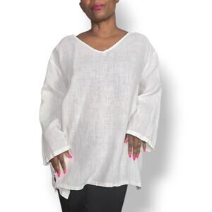 Match Point Linen Tunic White VNeck Long Sleeve Pullover Tunic Top Plus Size 2XL